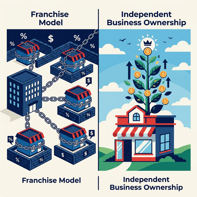Visual comparison of franchise model restrictions versus independent business freedom