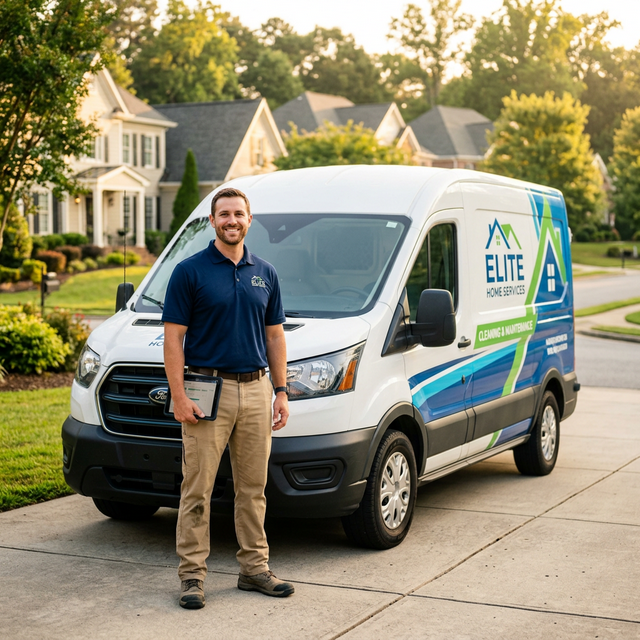A confident solo service business owner standing in front of their branded service van in a suburban neighborhood