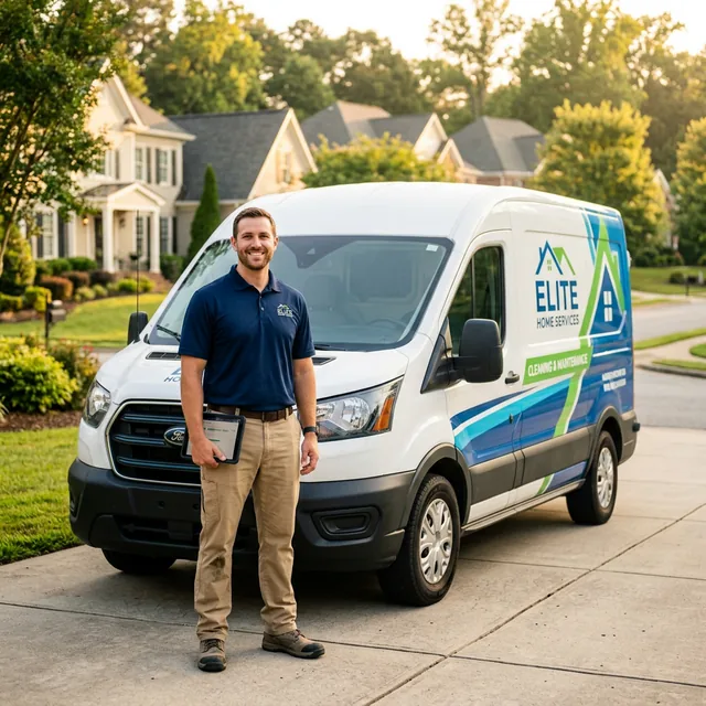 A confident solo service business owner standing in front of their branded service van in a suburban neighborhood