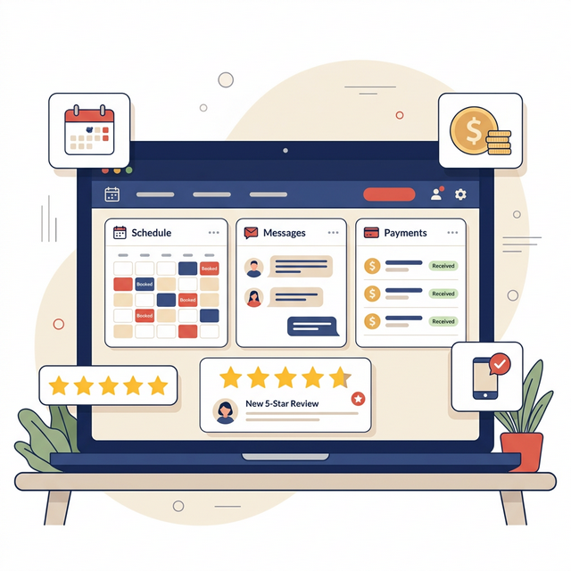 Digital dashboard showing appointments, payments, and customer reviews for a solo service business